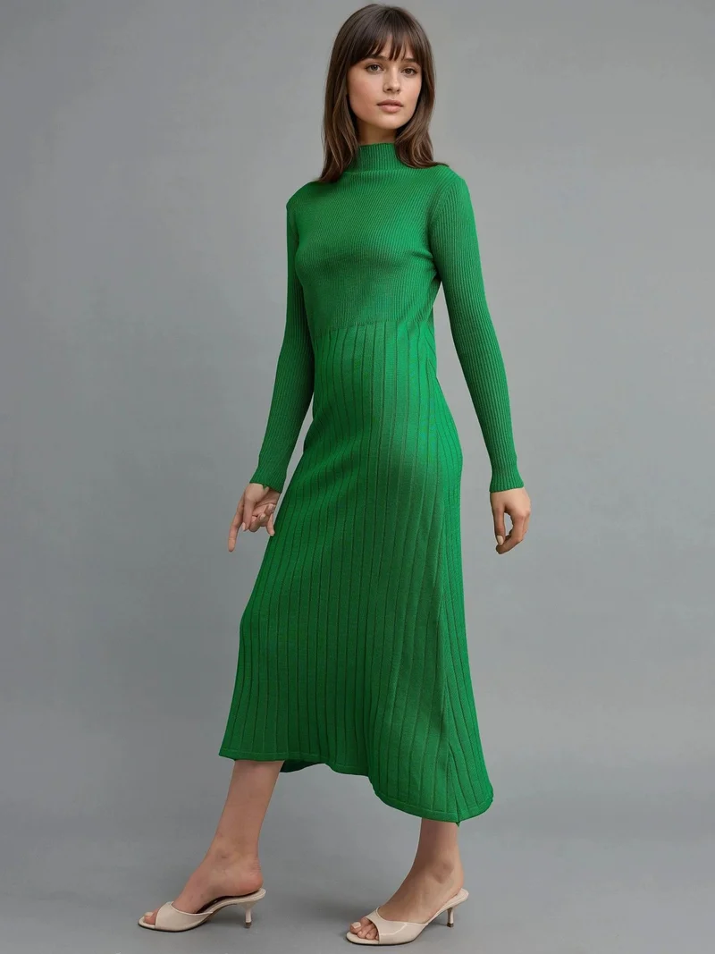MY FASHION Green MY FASHION Ribbed Half Turtleneck Bodycon Knit Dress for Women | Best Price UAE
